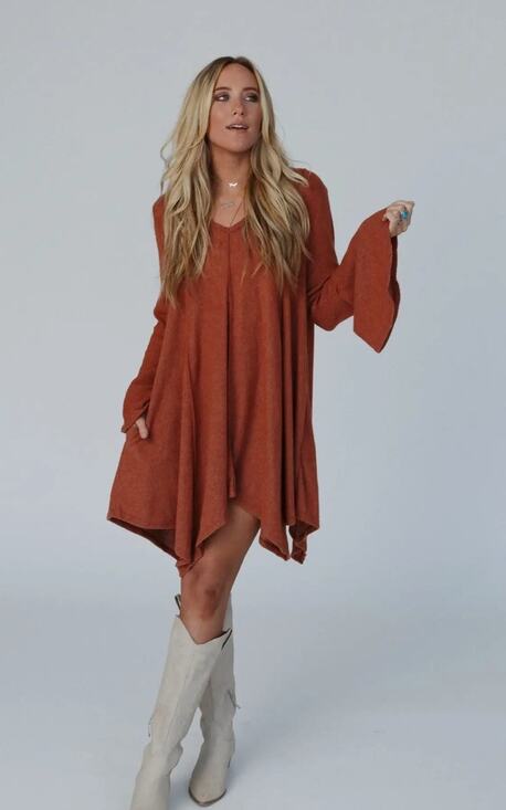 Three Bird Nest Dresses & Skirts - Golden Hour Long Bell Sleeve Dress - Rust
